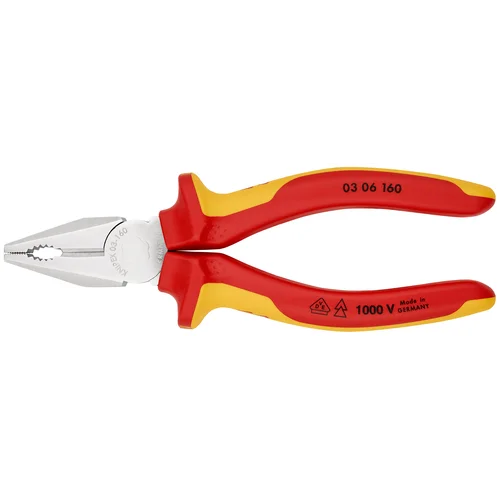 Плоскогубцы комб. VDE, рез: провол. ср. d 3.1 мм, твёрд. d 2 мм, кабель d 10 мм (16 мм²), L-160 мм, хром, 2-к ручки KN-0306160