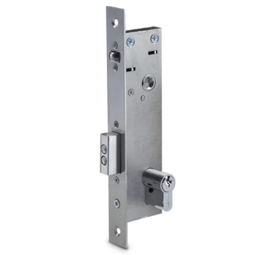 Врезной электромеханический замок с контактным устройством для двери из алюминиевого профиля, нормально открытый, межцентровое расстояние 85 мм