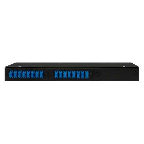 Кросс оптический 19" (ШКОС) укомплектованный на 16 SC портов, черный (комплект с розетками и пигтейлами)