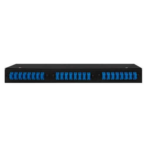 Кросс оптический 19" (ШКОС) укомплектованный на 24 SC порта, черный (комплект с розетками и пигтейлами)