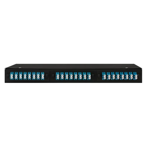 Кросс оптический 19" (ШКОС) укомплектованный на 48 LC портов, черный (комплект с розетками и пигтейлами)