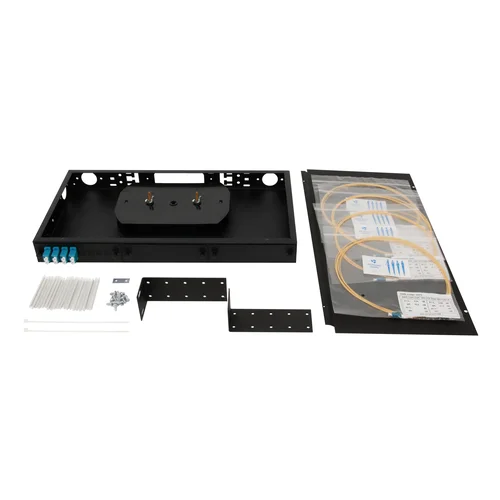 Кросс оптический 19" (ШКОС) укомплектованный на 8 LC портов, черный (комплект с розетками и пигтейлами)