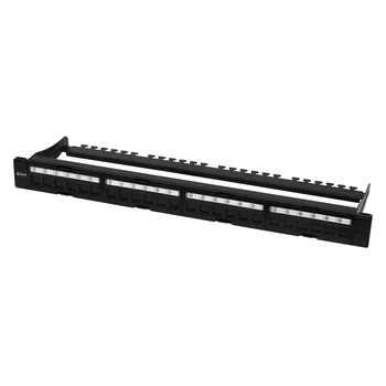 Коммутационная панель SNR, 19" для модулей KeyStone, незагруженная, неэкранированная, 1U, 24 порта, cat.5e, разборная, порты со шторками